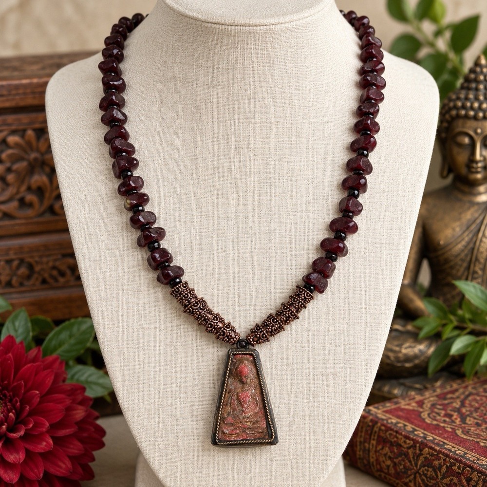 Vintage Style Buddhist Buddha Amulet Pendant Red Glass Bead Necklace 22" Copper